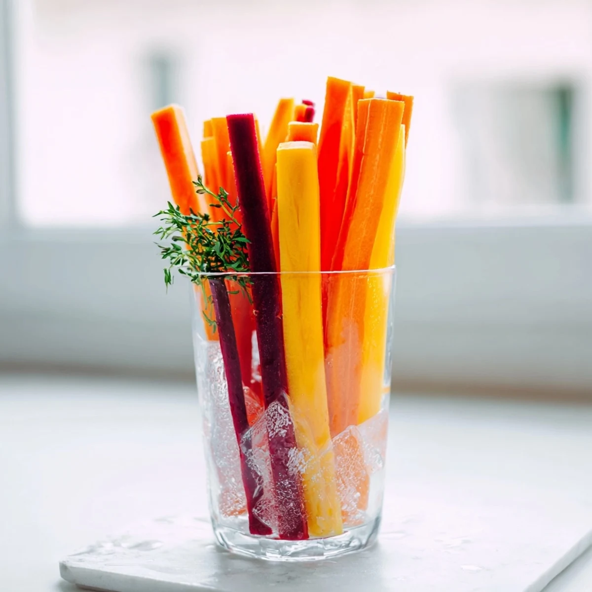 Simple Crudités: Rainbow carrot sticks beautifully arranged in tall glasses, perfect for a refreshing appetizer.