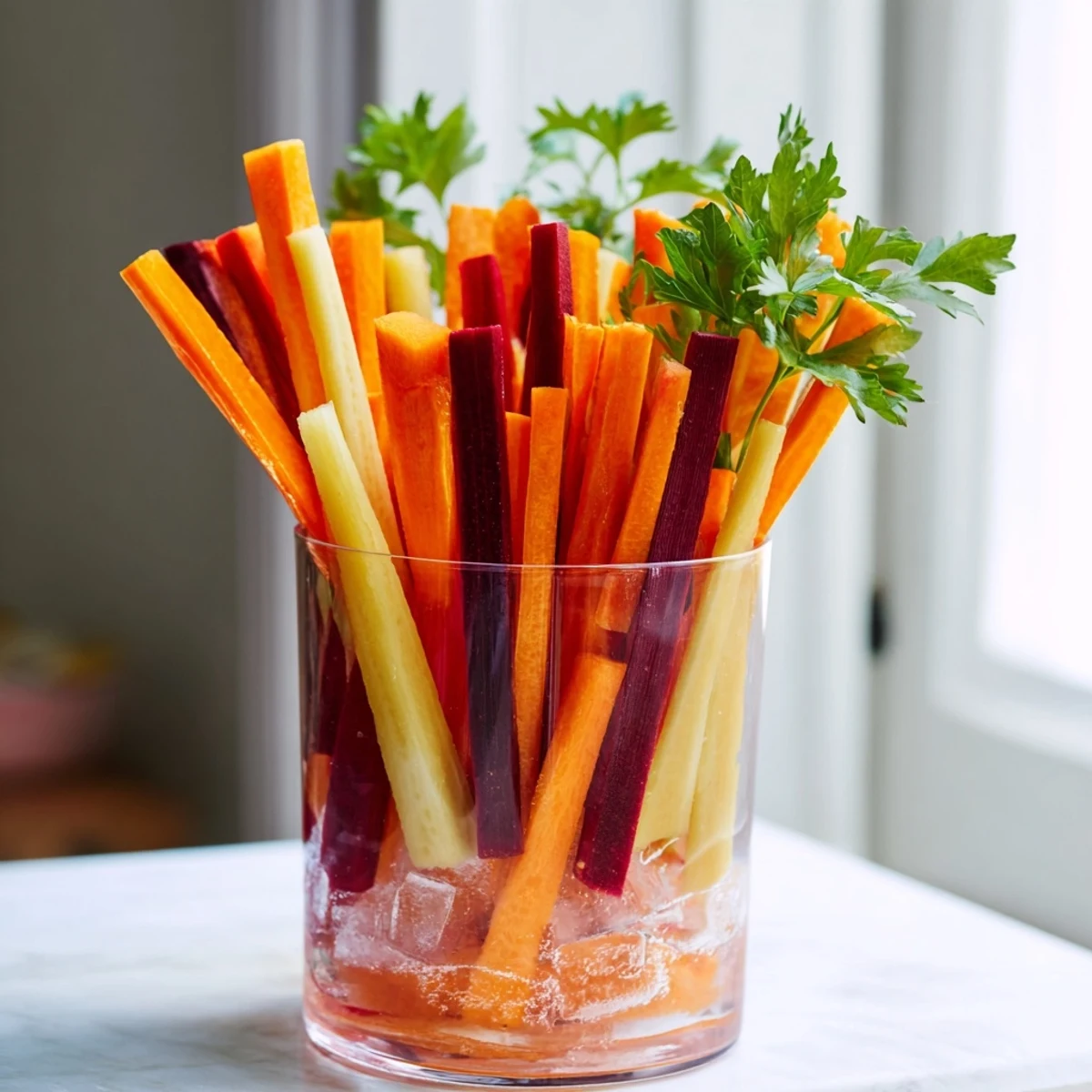 Fresh, crisp Simple Crudités: colorful carrot sticks standing tall, ready to be enjoyed as a light snack.