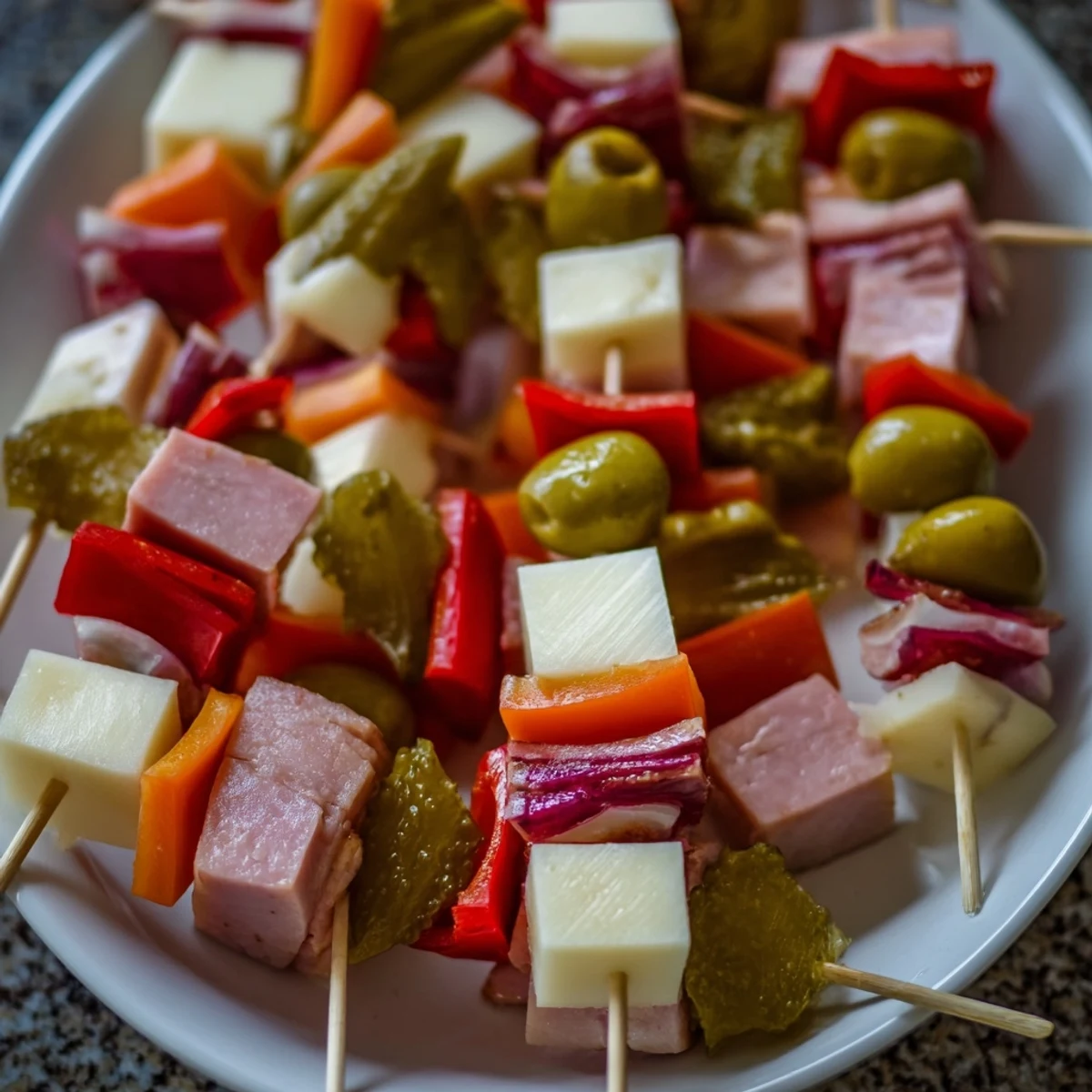 Savory Skewers: a vibrant platter of meat, cheese, and pickle cube skewers, ideal for quick appetizers.