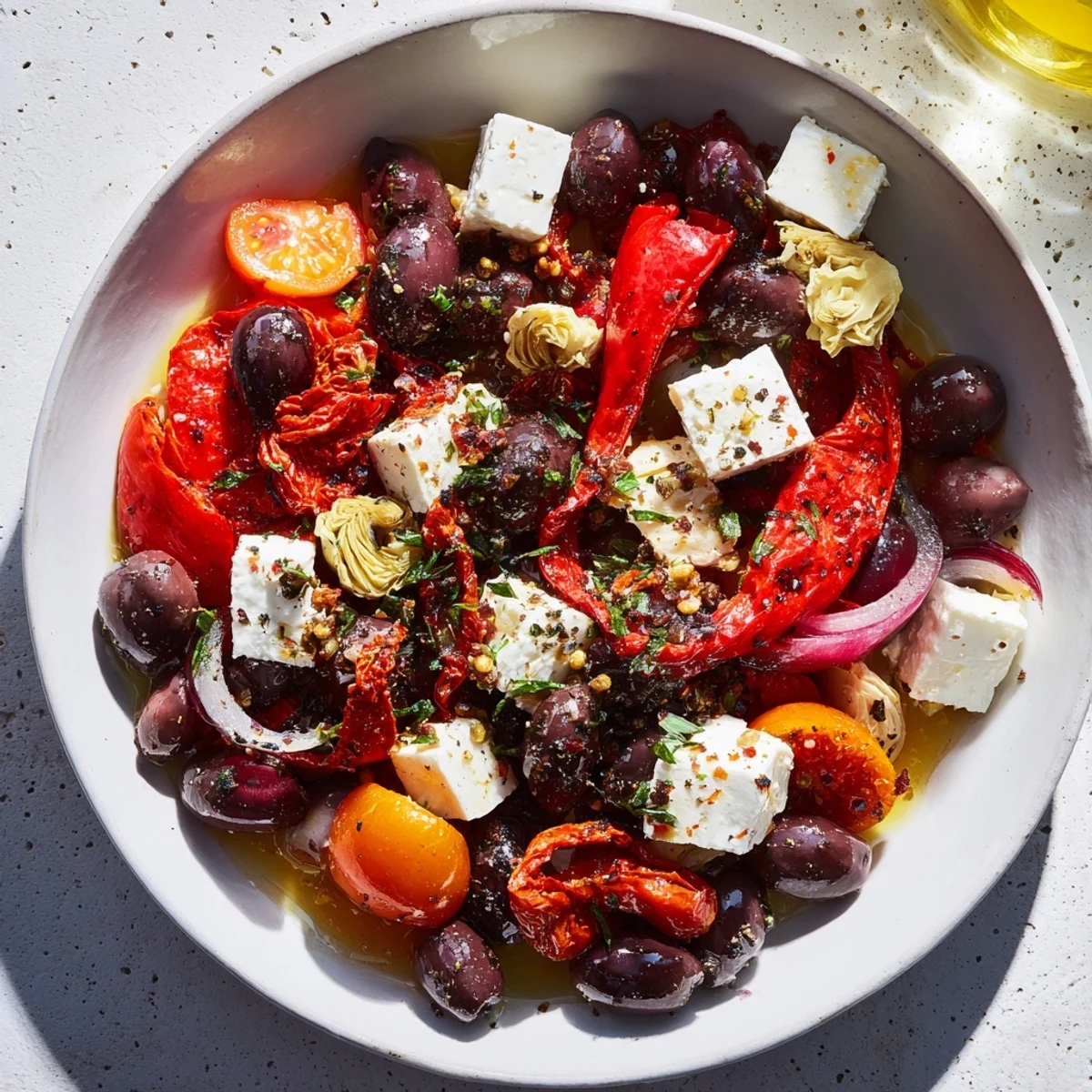 A colorful Black Olive and Sun-Dried Tomato Platter, featuring feta and red peppers, ready to serve.