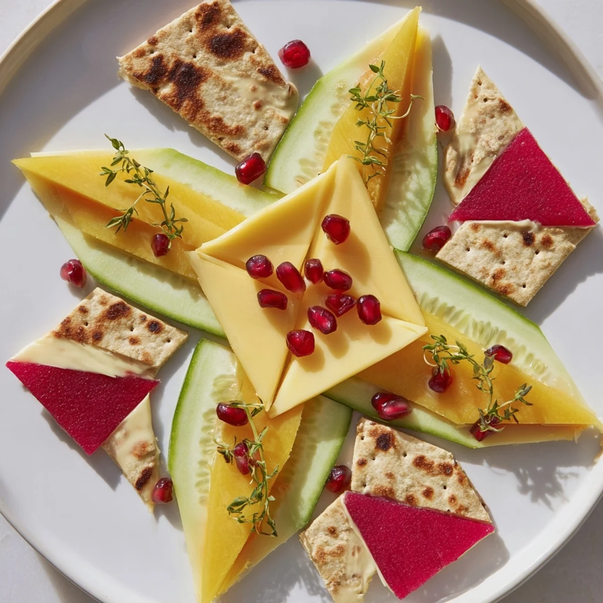 A stunning close-up of The Tessellation Triangle, an elegant appetizer board, triangles artfully arranged.