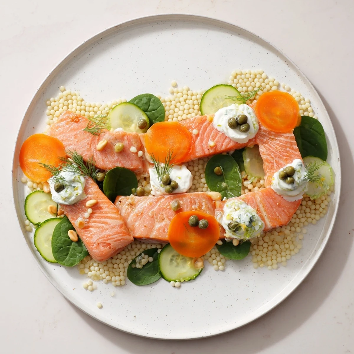 Elegant presentation of The Infinity Loop Flow featuring flaky salmon and colorful vegetables.