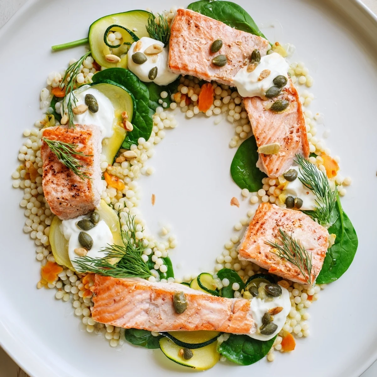 Artful figure-eight of The Infinity Loop Flow, presenting salmon, couscous, and fresh dill ready to serve.