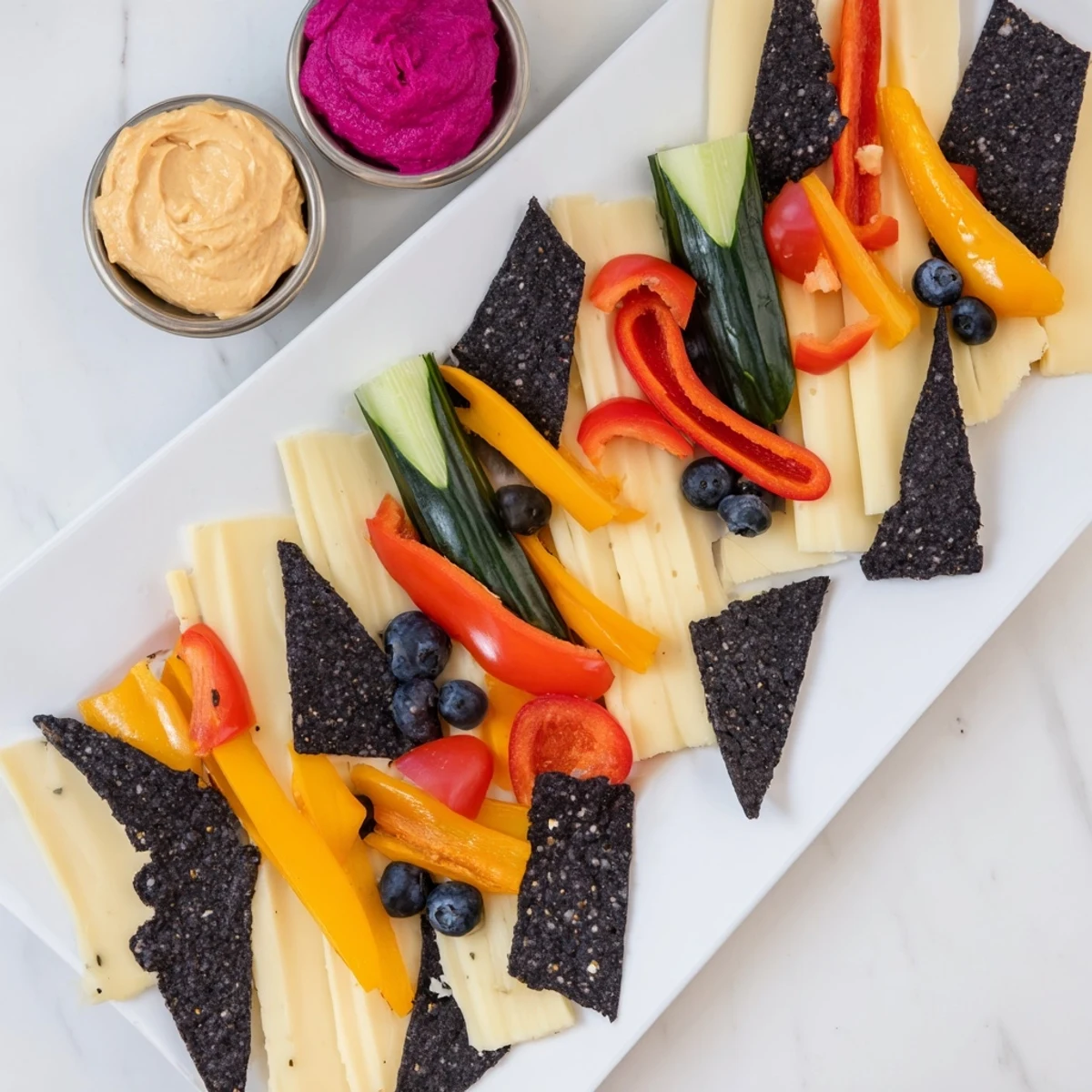 Vibrant zig-zag lightning strike appetizer platter with colorful fresh vegetables, cheeses, and dips.