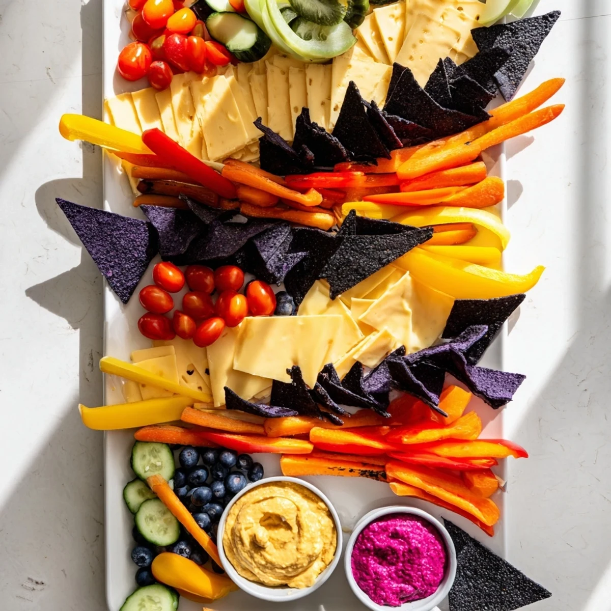 A beautifully arranged zig-zag lightning strike platter featuring fresh cheeses, hummus, and crunchy chips.