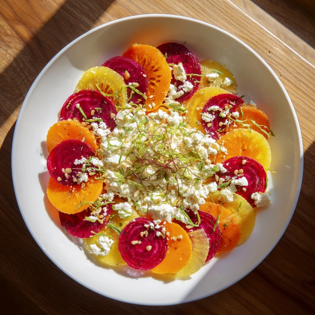 Vibrant Radial Symmetry Sunburst salad featuring colorful vegetables artfully arranged with goat cheese.
