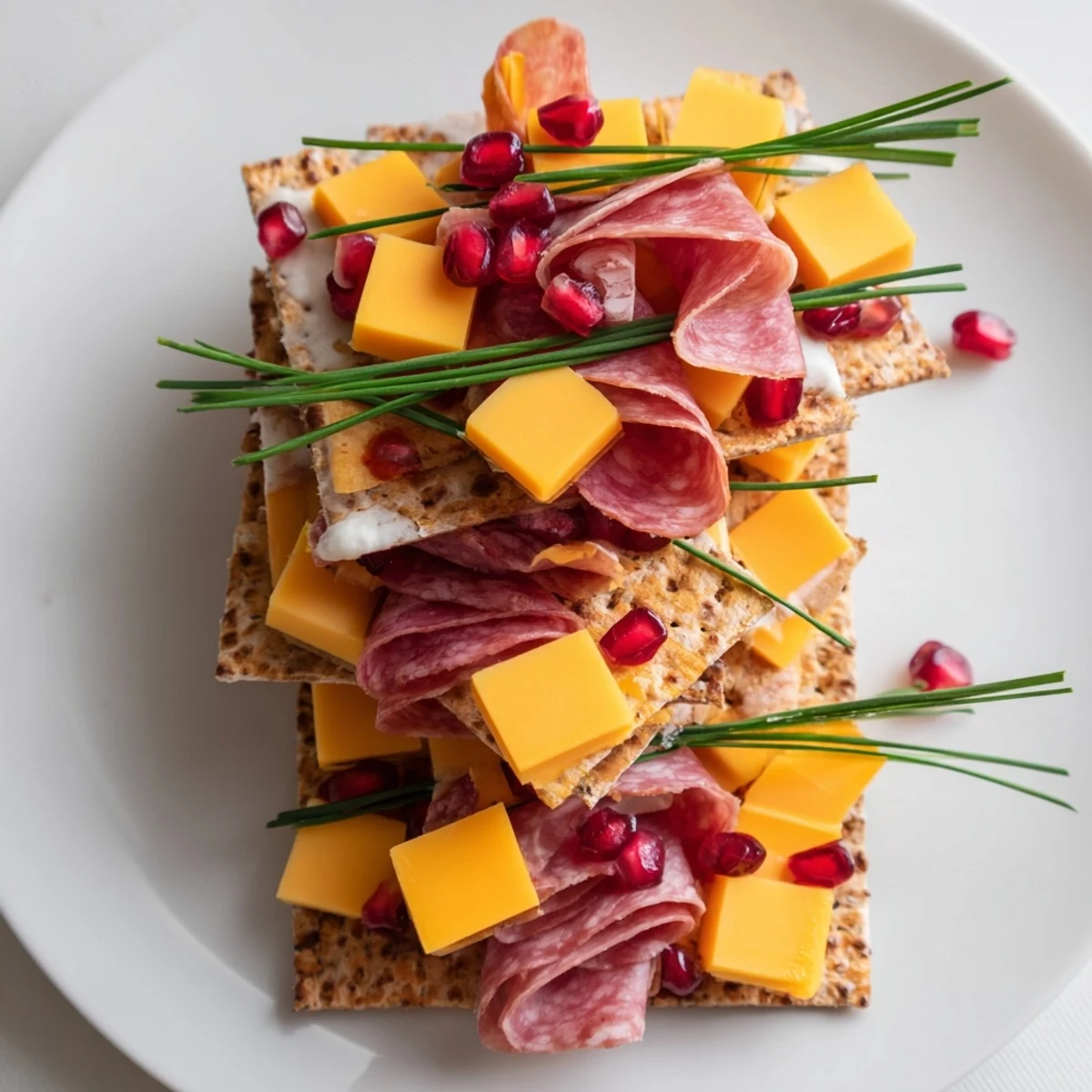 Enjoy this gorgeous Layered Urban Skyline: savory cheese and meat towers with vibrant chive accents.