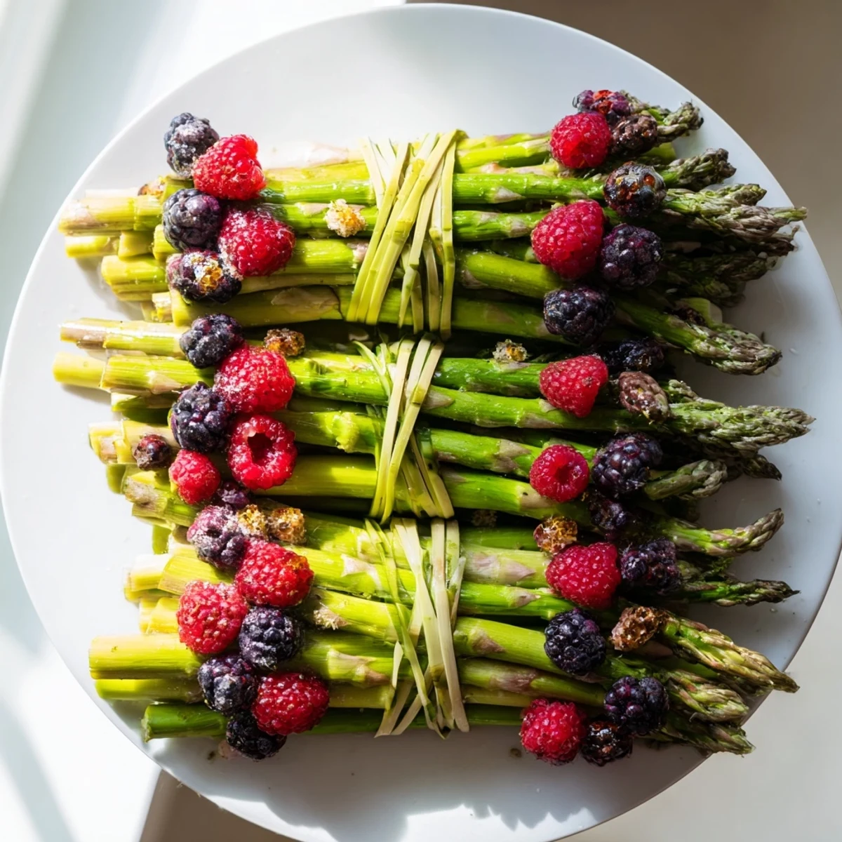 A vibrant Botanical Lattice appetizer: fresh asparagus lattice with colorful berries, ready to serve this spring.