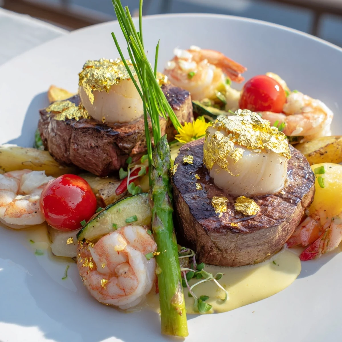 Golden Heart Luxury Platter displays succulent seared filet mignon and shrimp, beautifully arranged with golden accents.
