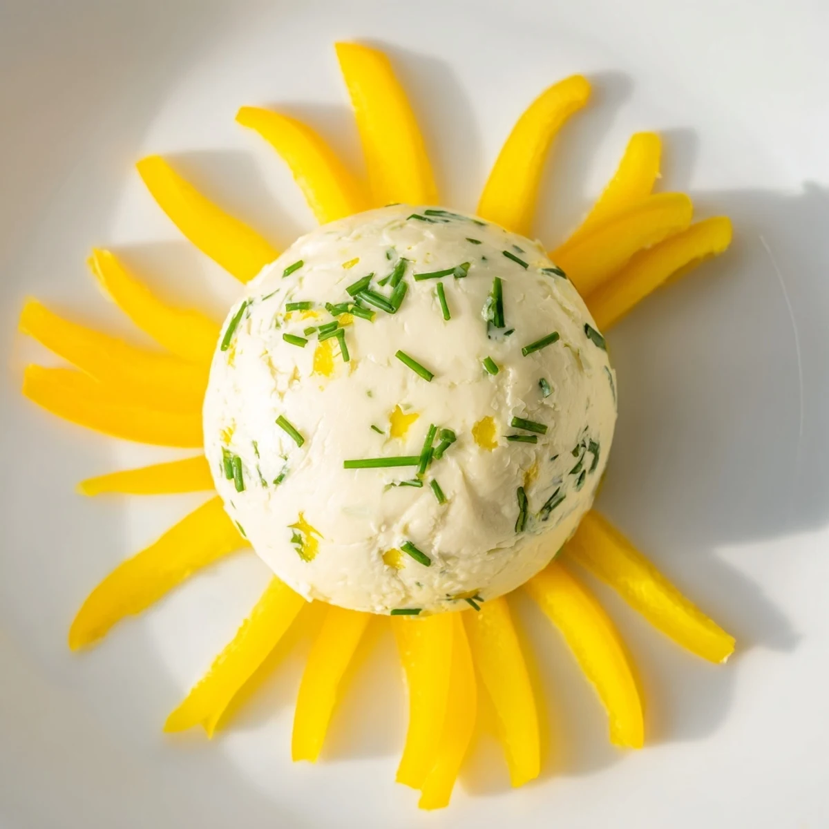 Golden Tuscan Sunburst appetizer with lemon-goat cheese, ready to scoop with crisp breadsticks.