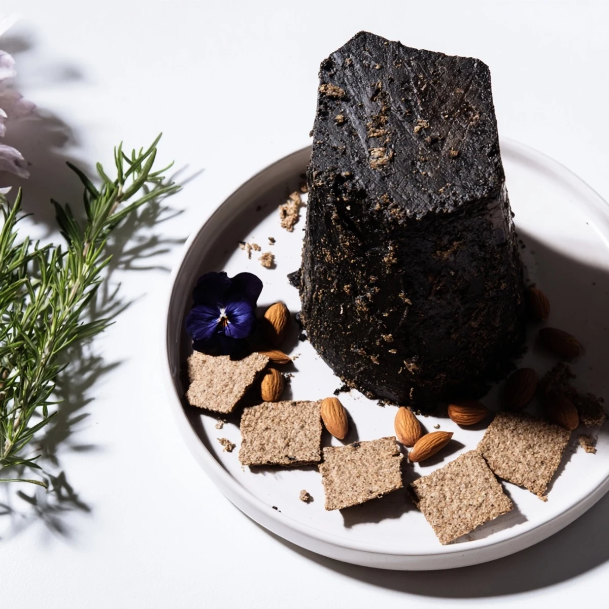 Dramatic cheese platter with The Obsidian Peak cheddar, rye crackers, and charcoal-dusted almonds for striking contrast.