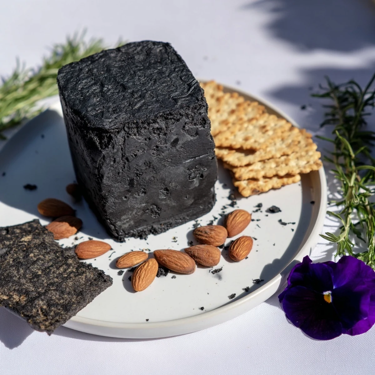 A gourmet arrangement: The Obsidian Peak cheese tower with dark crackers and black almonds ready to serve.