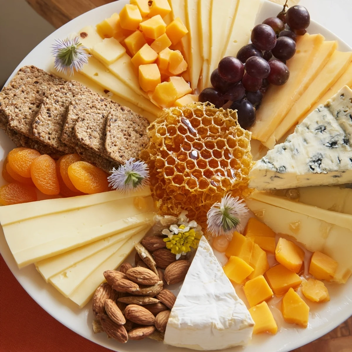 A gorgeous "Gilded Hive" cheese board with radiating hexagons of cheese, crackers, and honeycomb.