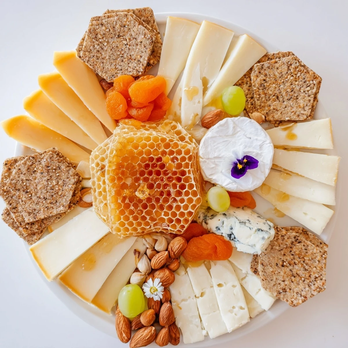 Hexagon-shaped cheeses and crackers form a beautiful "Gilded Hive" appetizer for elegant gatherings.