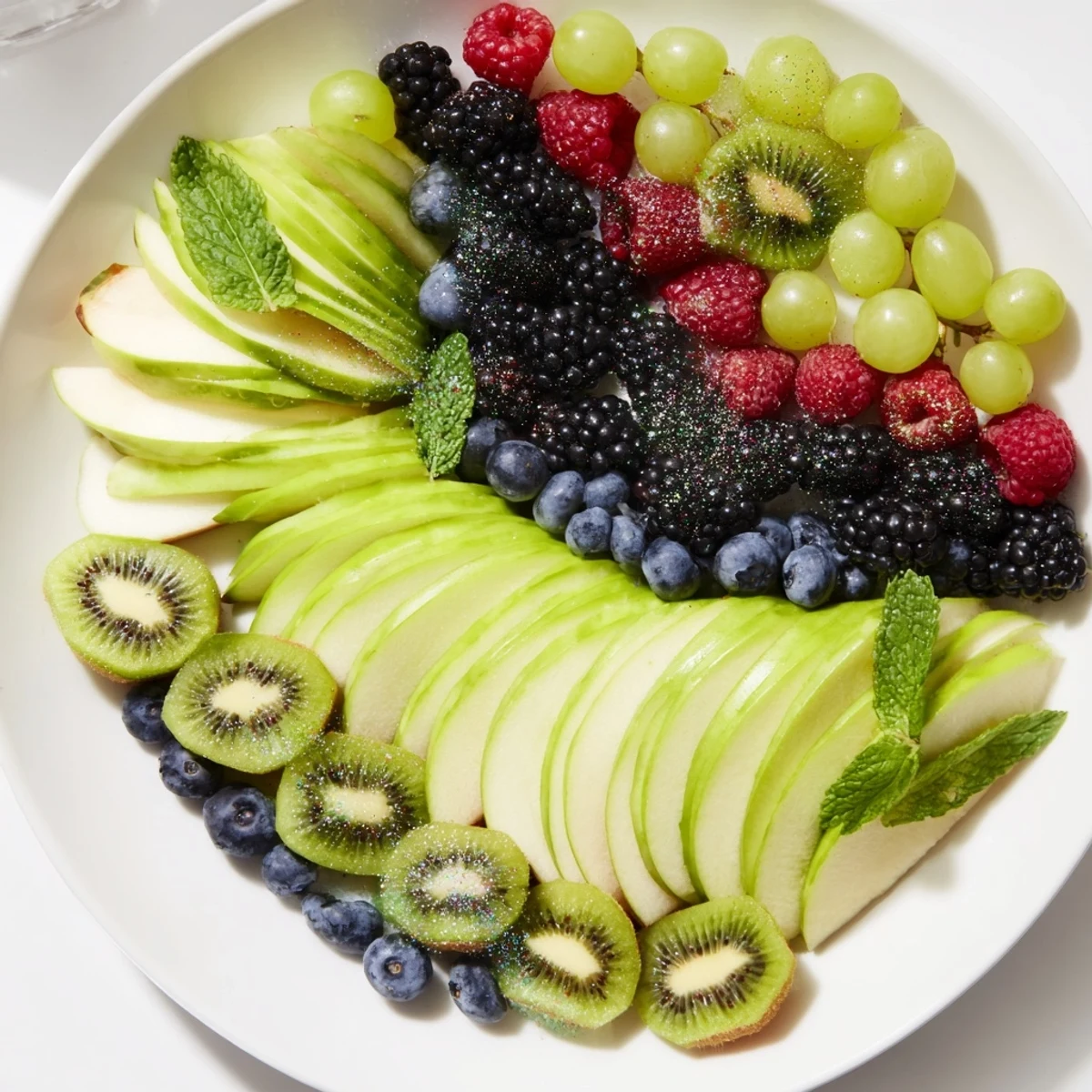 A colorful presentation of Aurora Borealis Sweep fruit platter, perfect for a fresh, healthy dessert.