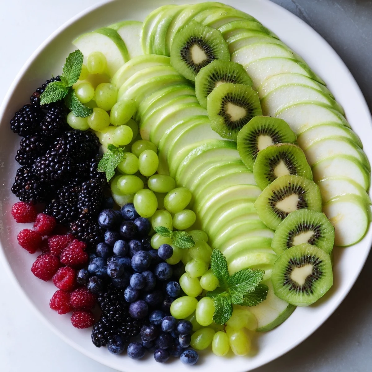 Vibrant Aurora Borealis Sweep: a visually stunning arrangement of green and purple fruits ready to eat.