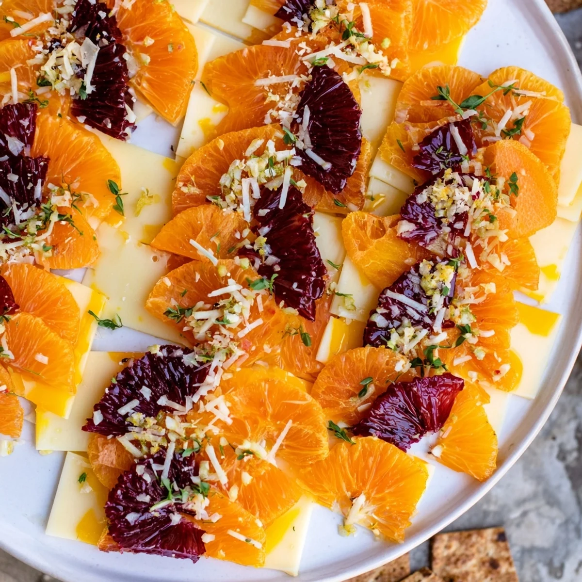 Vivid Serengeti Sunset appetizer showcases layered smoky Gouda and sweet apricot bands, ready to enjoy.