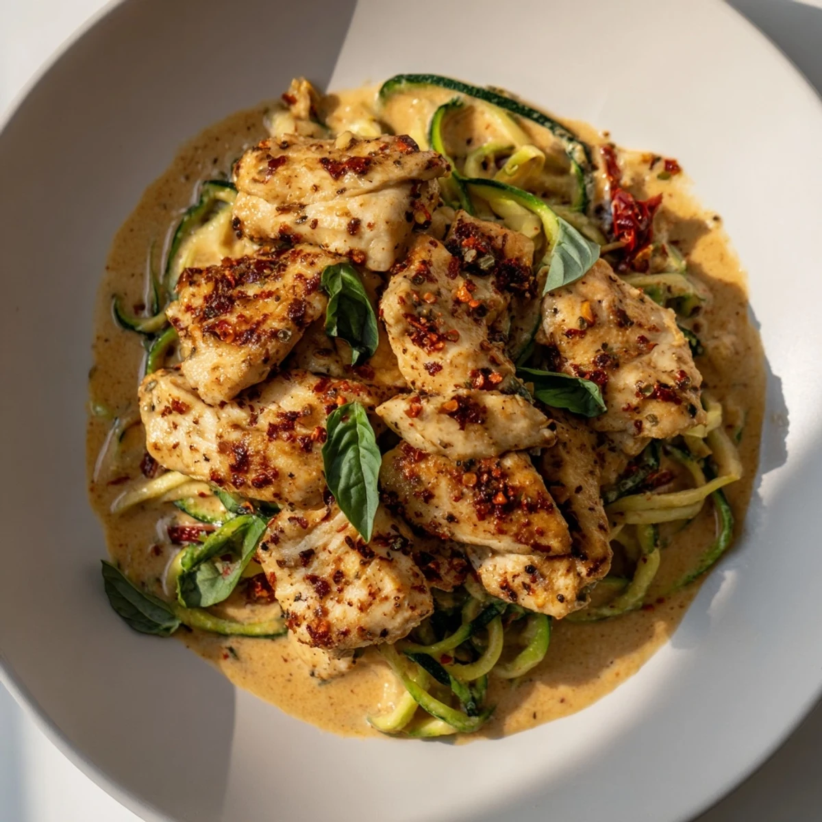 A delicious, plated serving of Marry Me Chicken Zoodles featuring tender chicken & sun-dried tomato sauce.