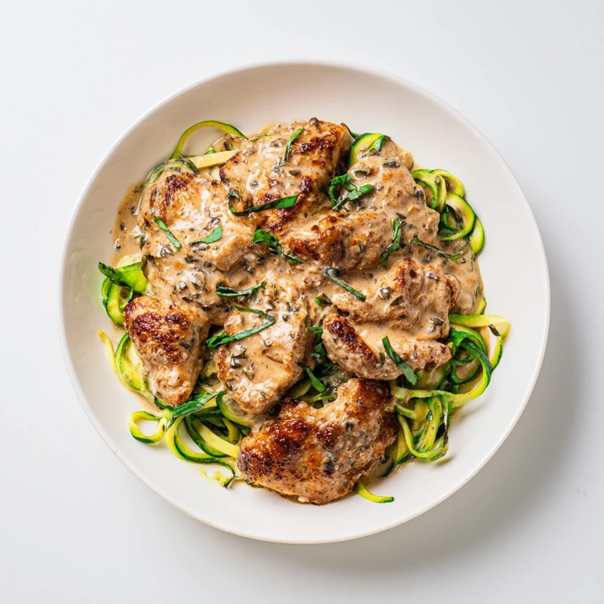 Bright green zucchini noodles topped with savory Marry Me Chicken, a low-carb Italian-American favorite.