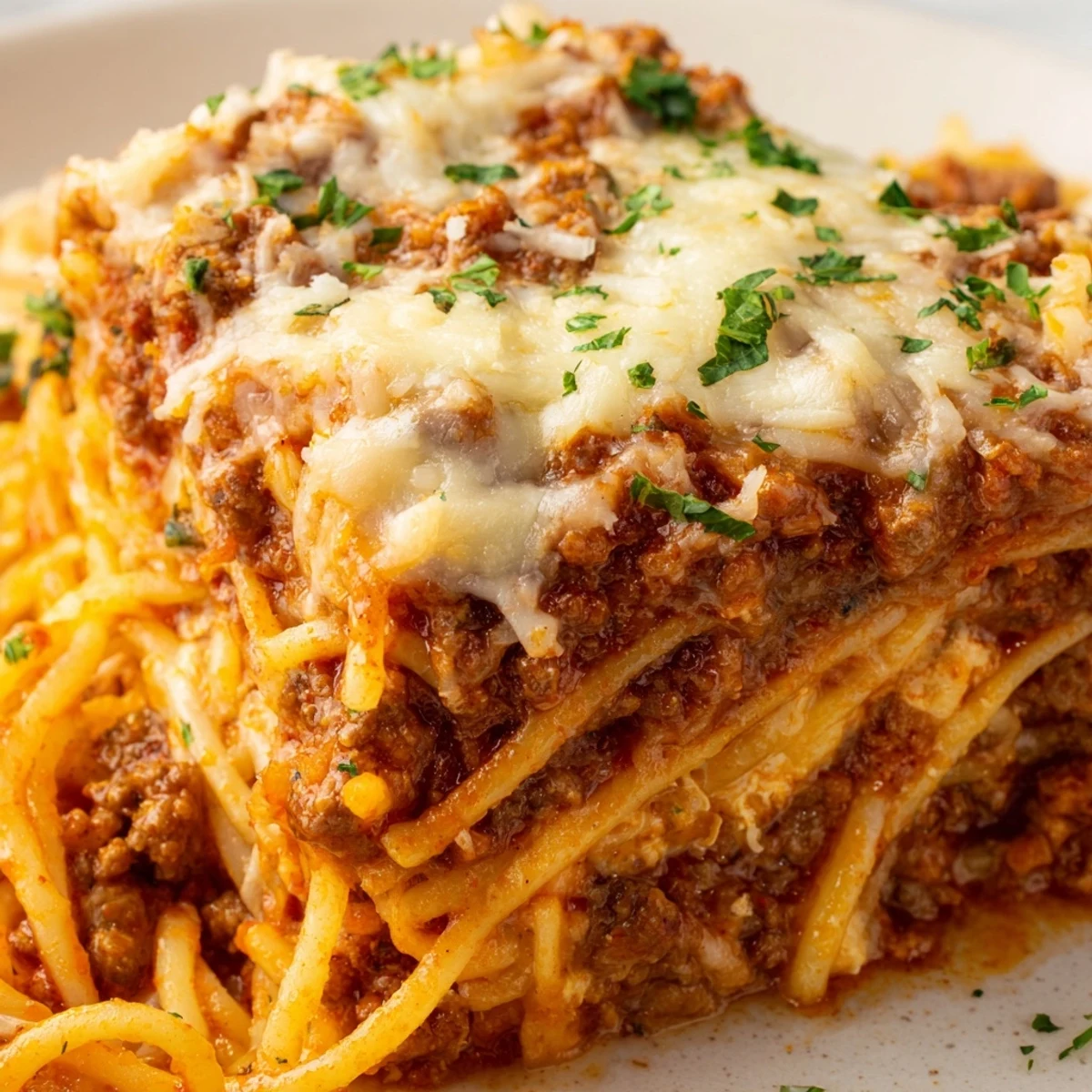 The top-down shot shows Tini's Baked Spaghetti, a comforting casserole with a crispy cheese topping.