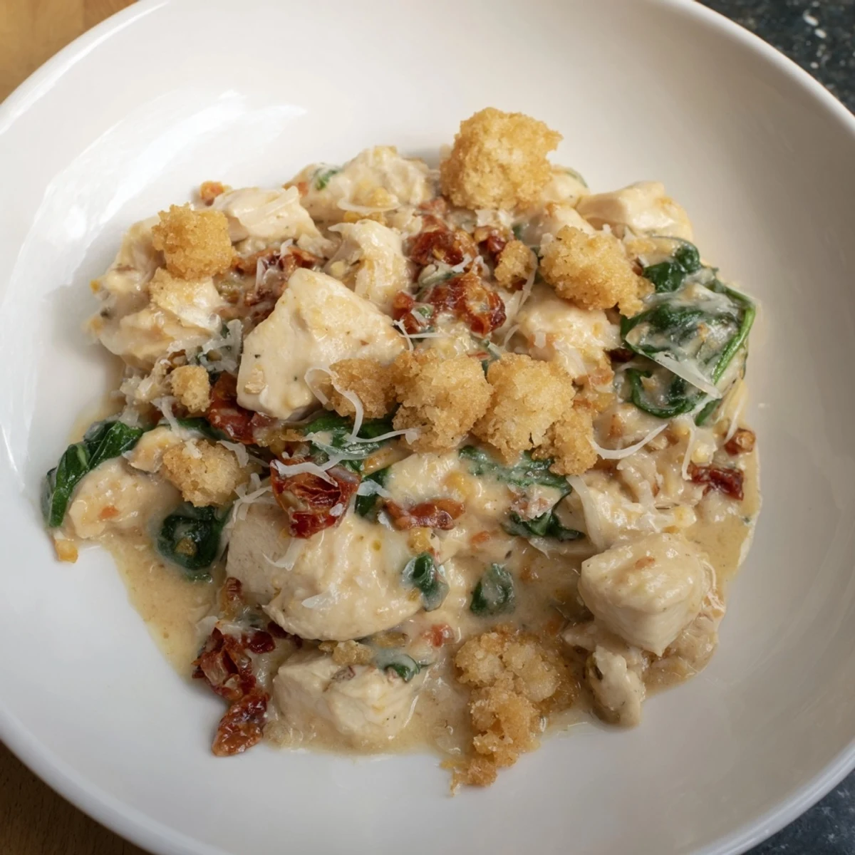 Golden-brown Ritz cracker topping on a bubbling, creamy Marry Me Chicken Casserole ready to serve.