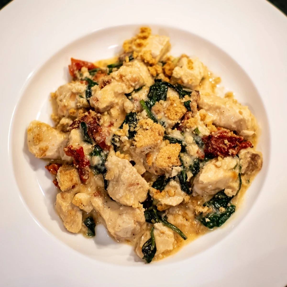 A close-up of a baking dish reveals a rich, savory Marry Me Chicken Casserole, full of flavor.