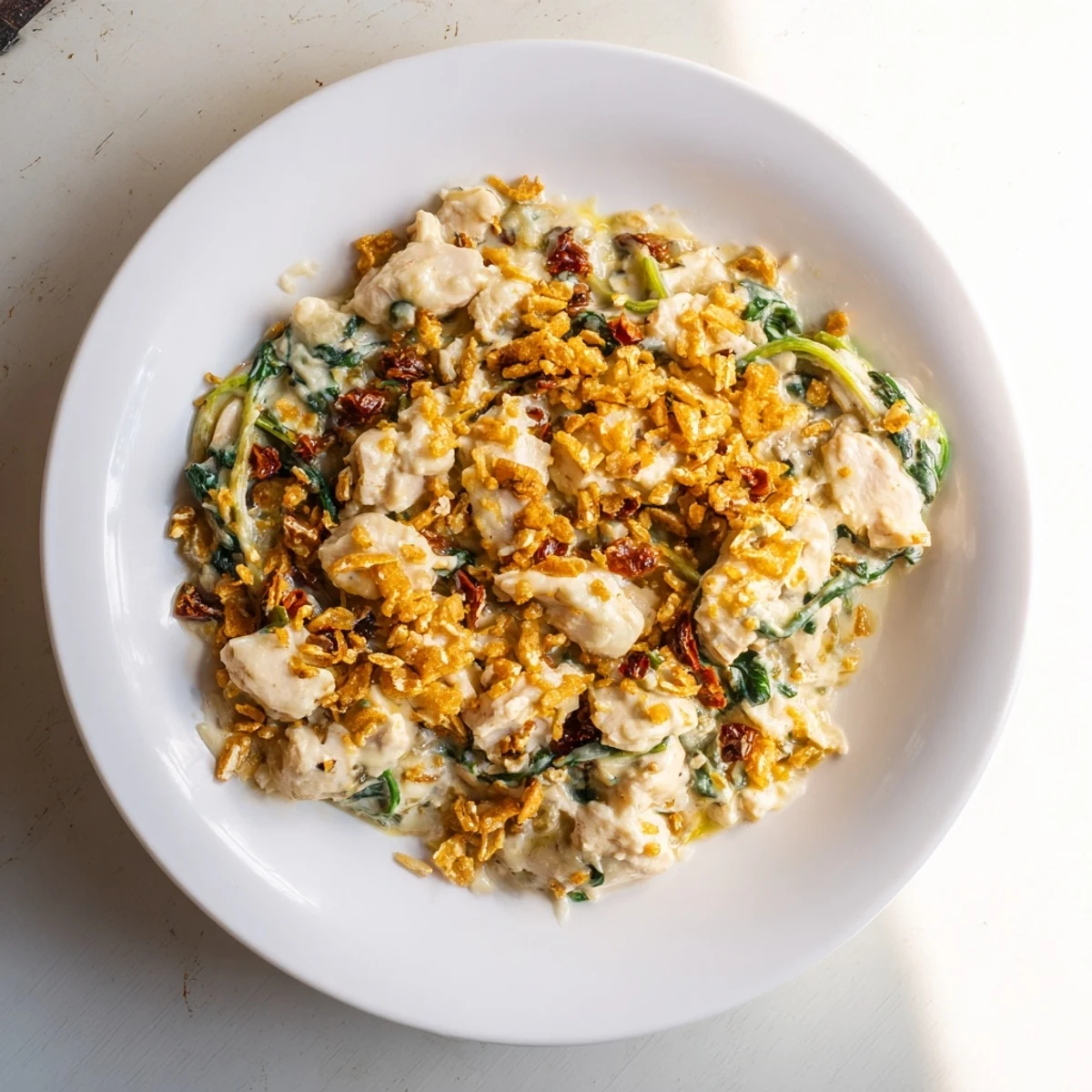 In the oven, the flavorful Marry Me Chicken Casserole is golden and bubbly, perfect comfort food.