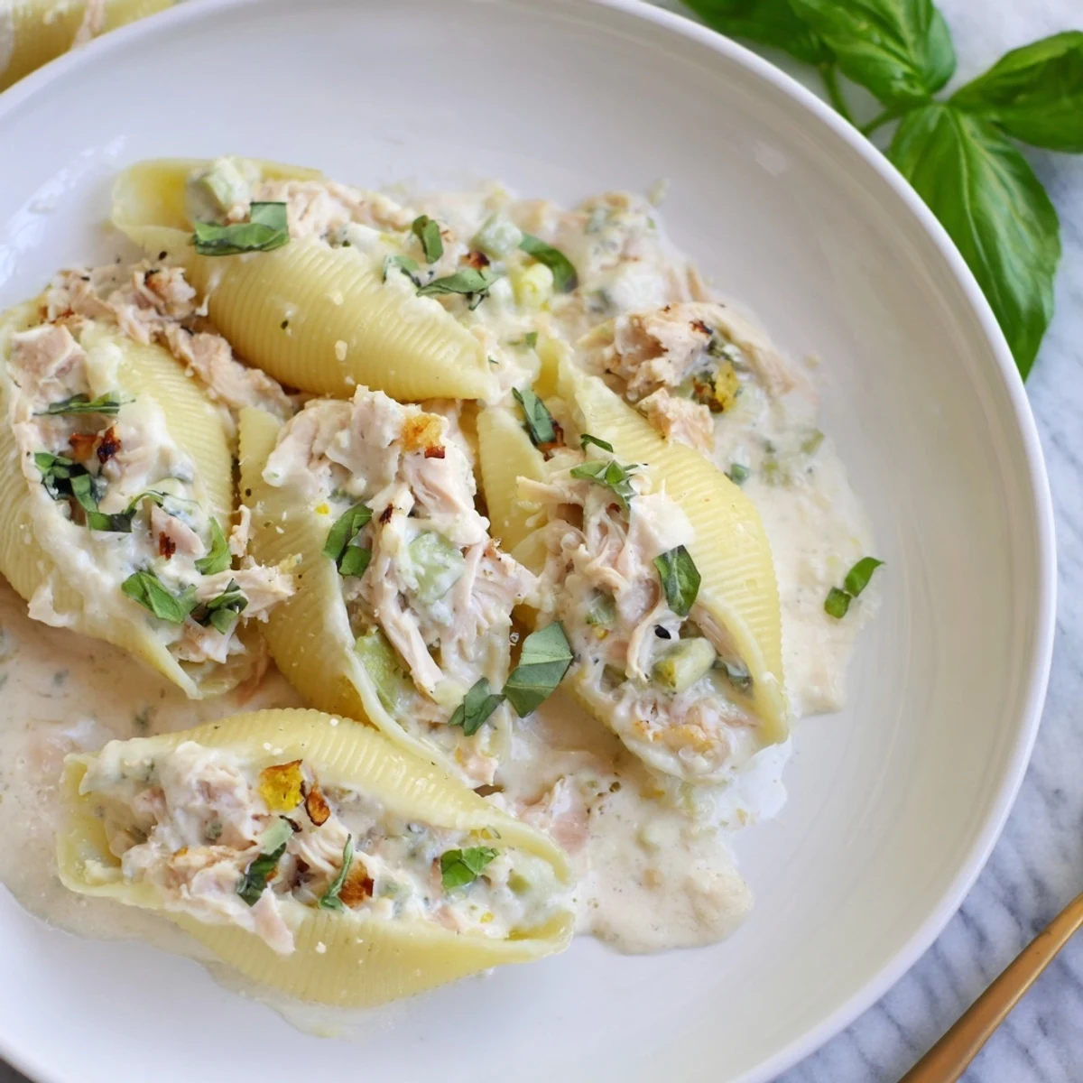 Creamy Marry Me Chicken Stuffed Shells, bubbling golden brown, topped with fresh basil and mozzarella.