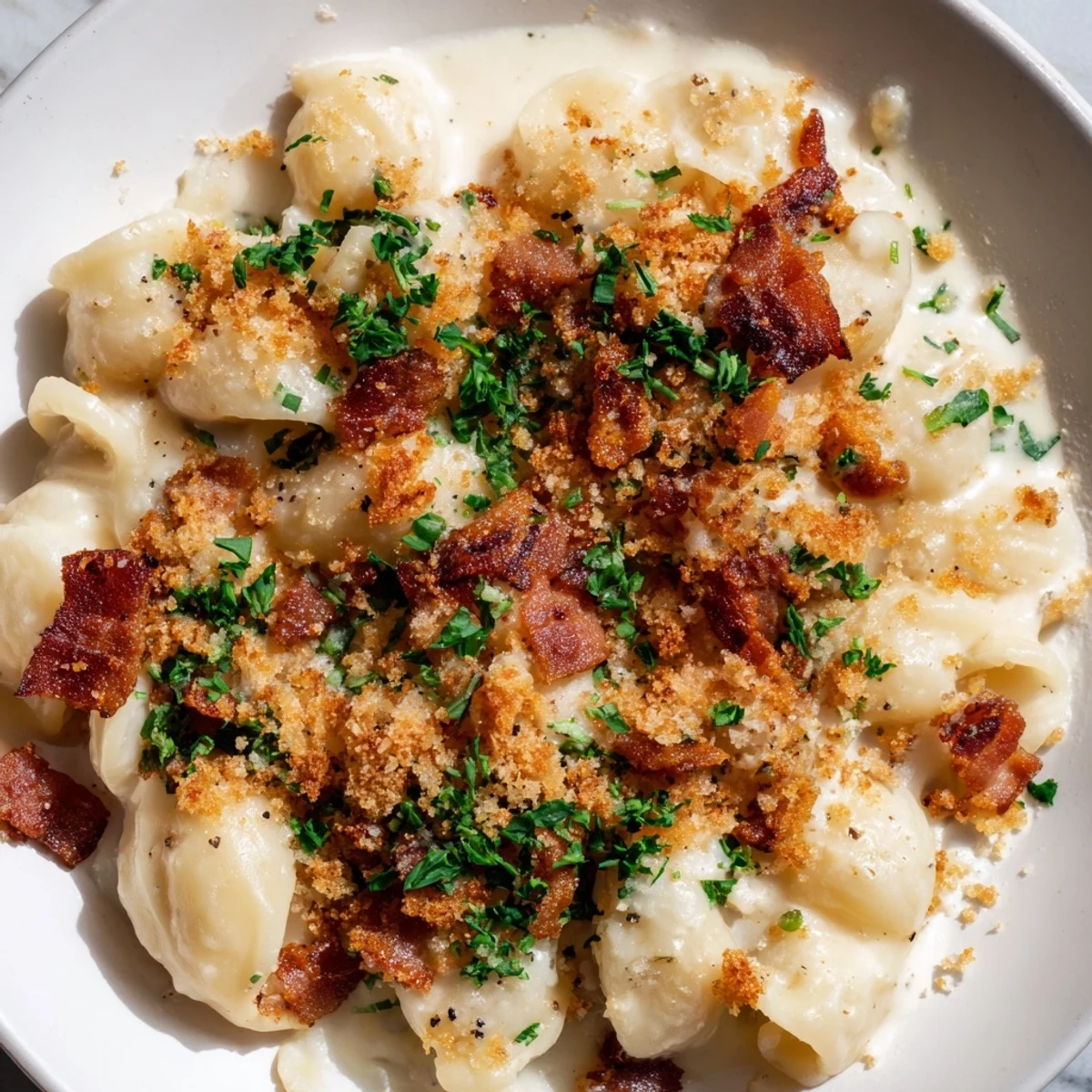 A baked pan of Tinis Mac and Cheese with a golden, crispy, bacon topping and bubbly cheese.