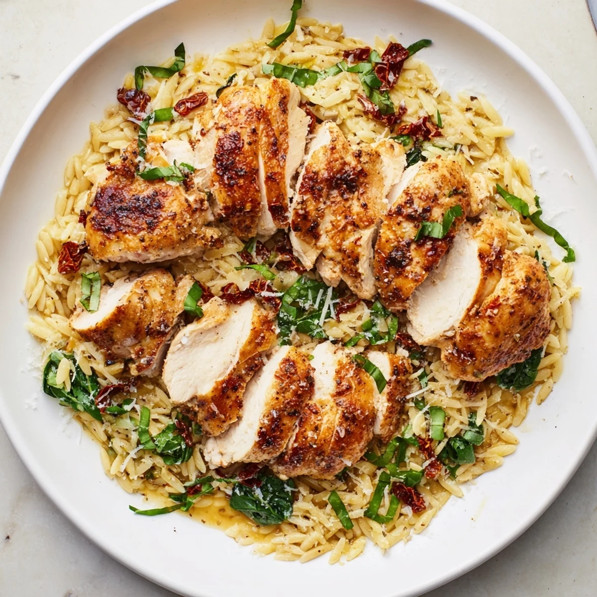 A close-up of Marry Me Chicken Orzo with visible sun-dried tomatoes and fresh basil garnish.