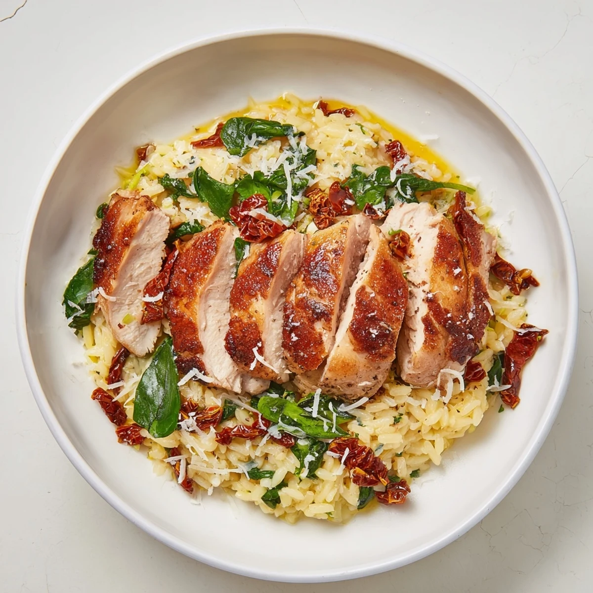 Creamy Marry Me Chicken Orzo, featuring golden chicken and orzo in a rich, parmesan sauce.