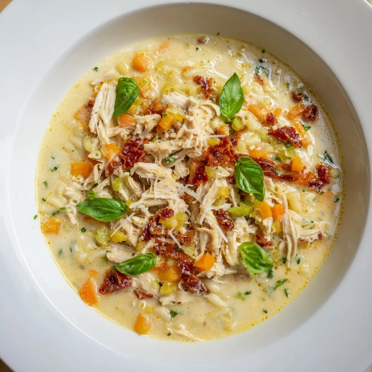 A steaming bowl of comforting Marry Me Chicken Soup, garnished with fresh basil for flavor.