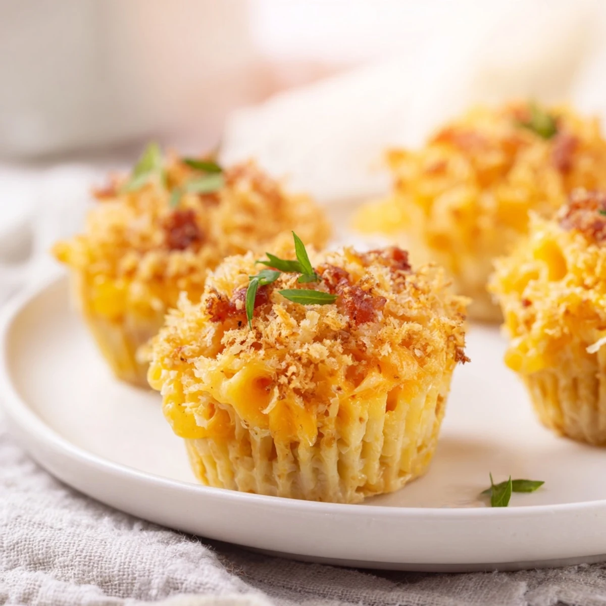 Golden-brown Tinis Mac and Cheese muffins sit ready, boasting a crispy breadcrumb topping and warm, bubbly cheese.