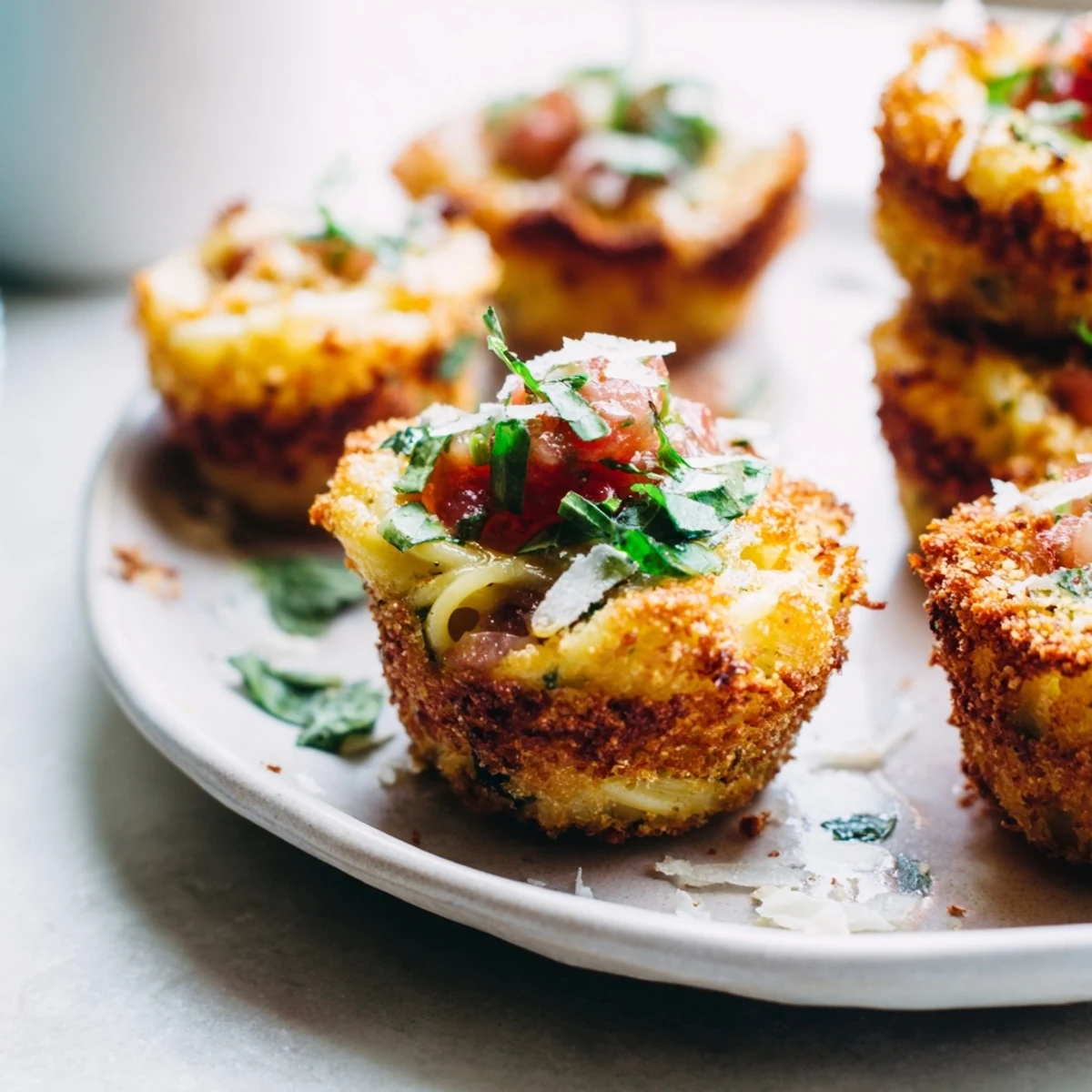 Close-up of baked Tinis Mac and Cheese, showcasing the perfectly melted cheese contrasted with golden, toasted breadcrumbs.