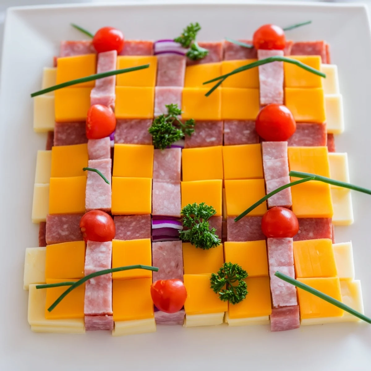 A stunning Checkerboard Chalet appetizer featuring red and yellow meats and cheeses, perfect for a party.