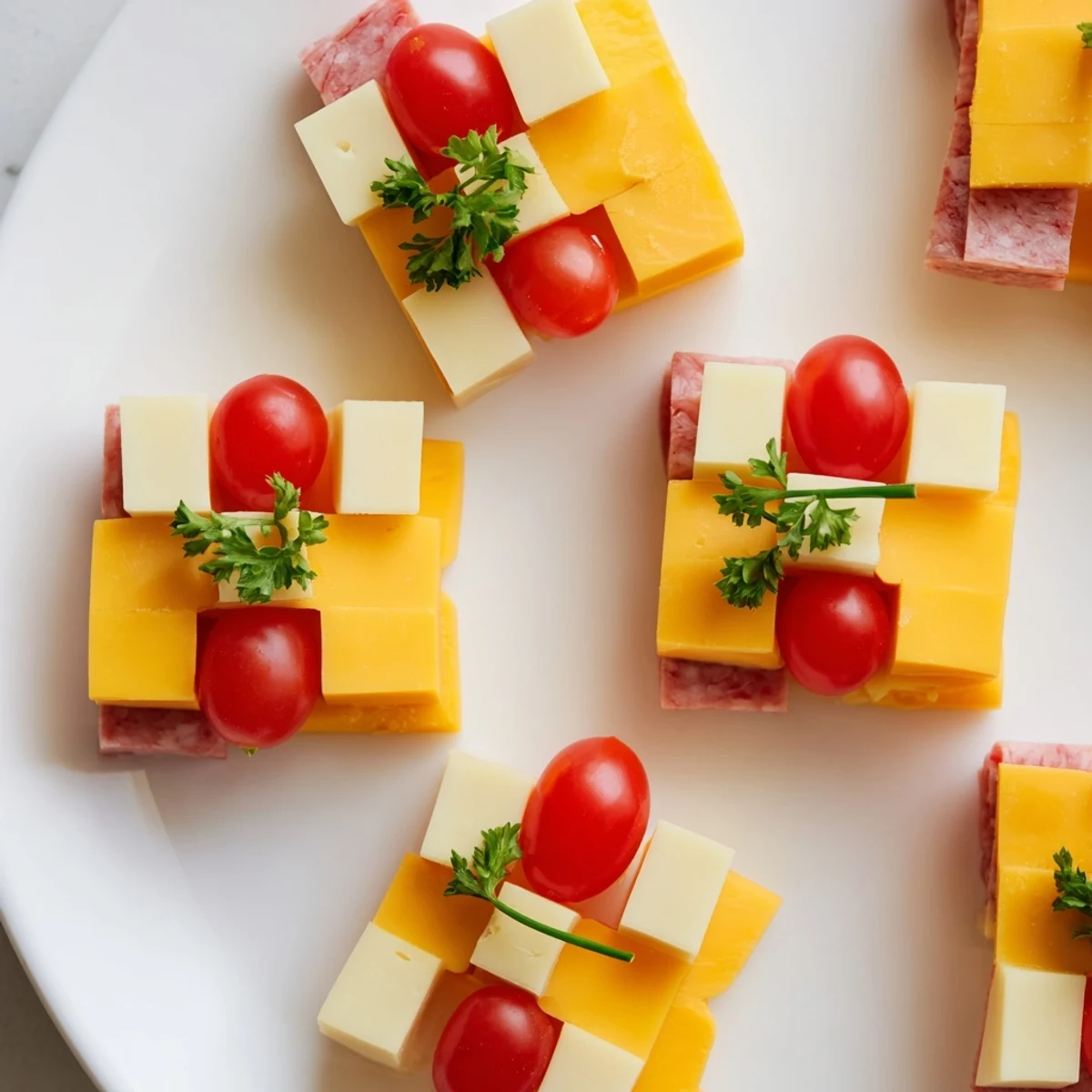 Delicious cubes and slices form the artistic Checkerboard Chalet appetizer, a festive treat for any gathering.