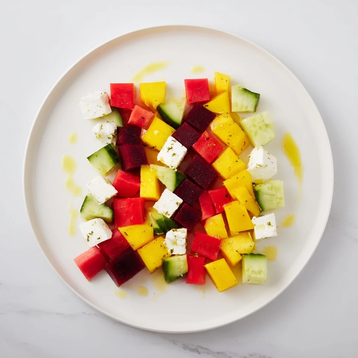 A beautifully arranged Cube Geometry Study showing vibrant, colorful cubed vegetables and feta.