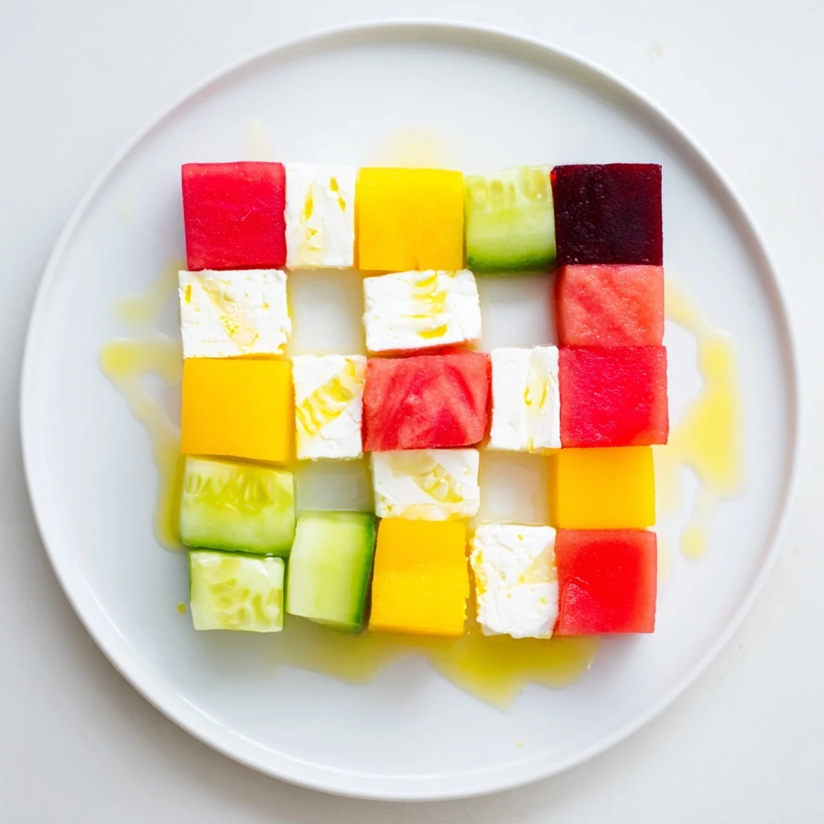 Vivid image of a Cube Geometry Study: Fresh, geometrically perfect cubes tossed with dressing.