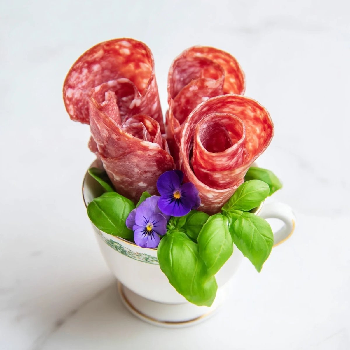 Delicate Victorian Tea Rose recipe presentation: savory pepperoni and salami blossoms nestled in teacups, perfect for elegant gatherings.