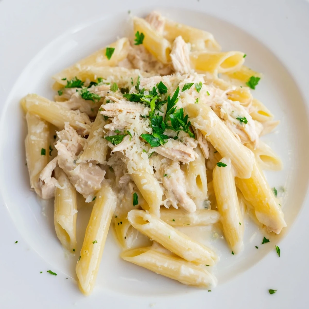 A close-up of Tini's Creamy Chicken Pasta, rich cream sauce coating the penne beautifully.