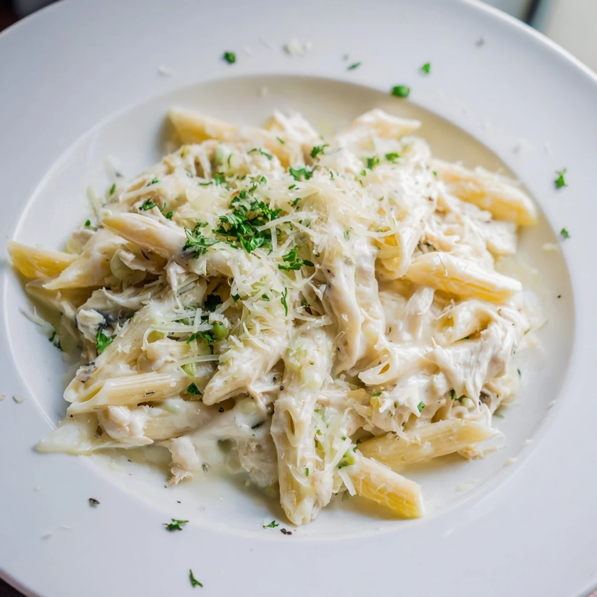 Warm, inviting picture of Tini's Creamy Chicken Pasta, garnished with fresh parsley and Parmesan cheese.