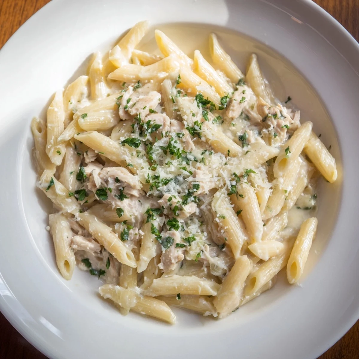 Tini's Creamy Chicken Pasta, a comforting American-Italian meal, ready to enjoy for a family dinner.