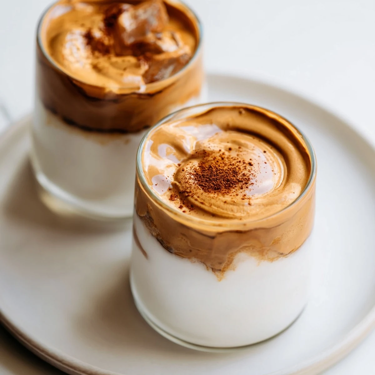 Fluffy, whipped Brown Sugar Dalgona Latte sits atop creamy milk, dusted with cinnamon, ready to drink.