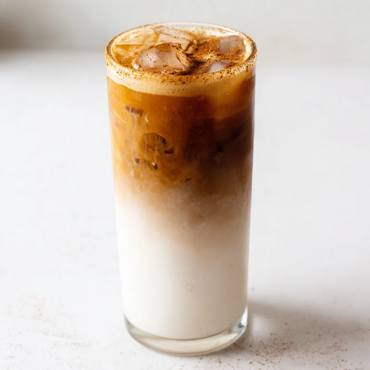 A tall glass holding a creamy Iced Brown Sugar Oat Latte, its frothy texture enhanced by ice.
