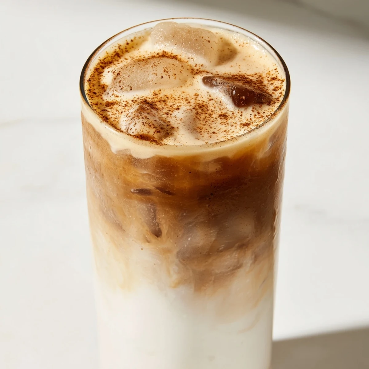 The vibrant, sweet blend of an Iced Brown Sugar Oat Latte, served over ice crystals for an ideal temperature.