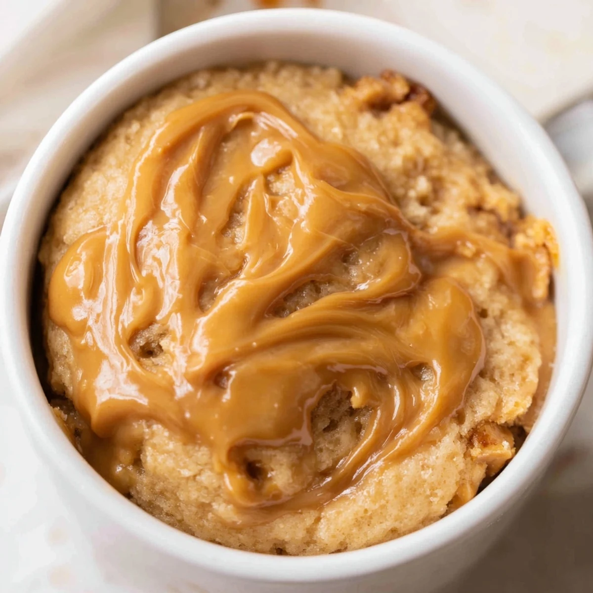 Fluffy 2-Minute Peanut Butter Mug Cake, golden brown, ready to be devoured from the cozy mug.
