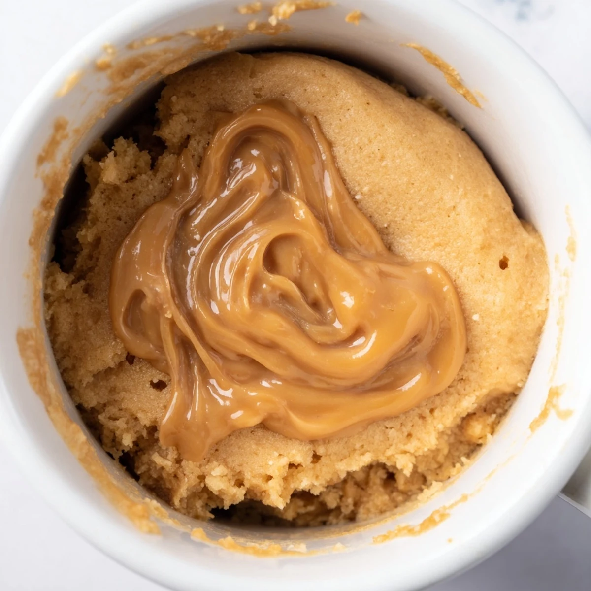 Close-up of a perfectly cooked 2-Minute Peanut Butter Mug Cake; imagine the rich aroma and texture now.