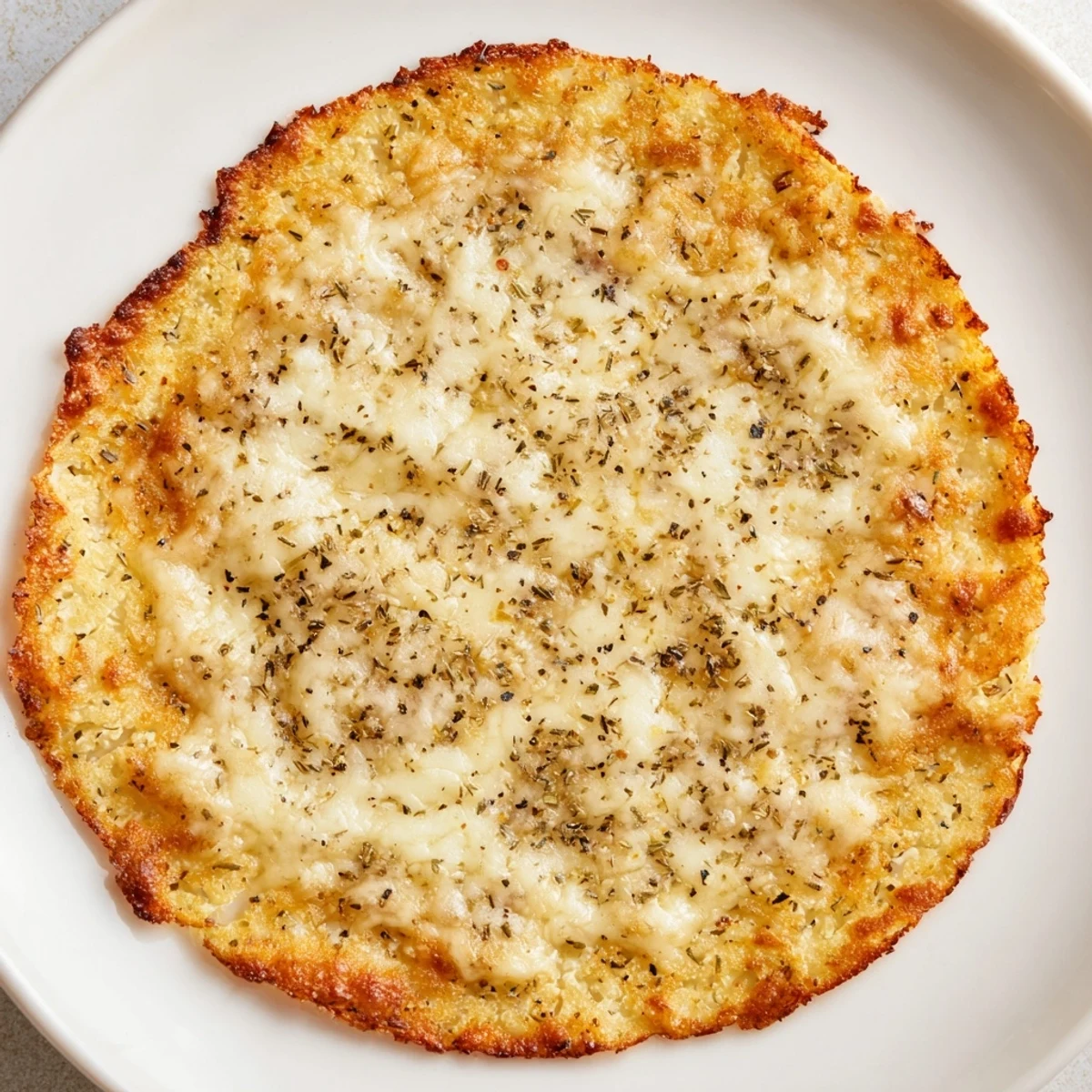 A golden, crispy cauliflower pizza crust ready for toppings, perfect for a low-carb pizza night.