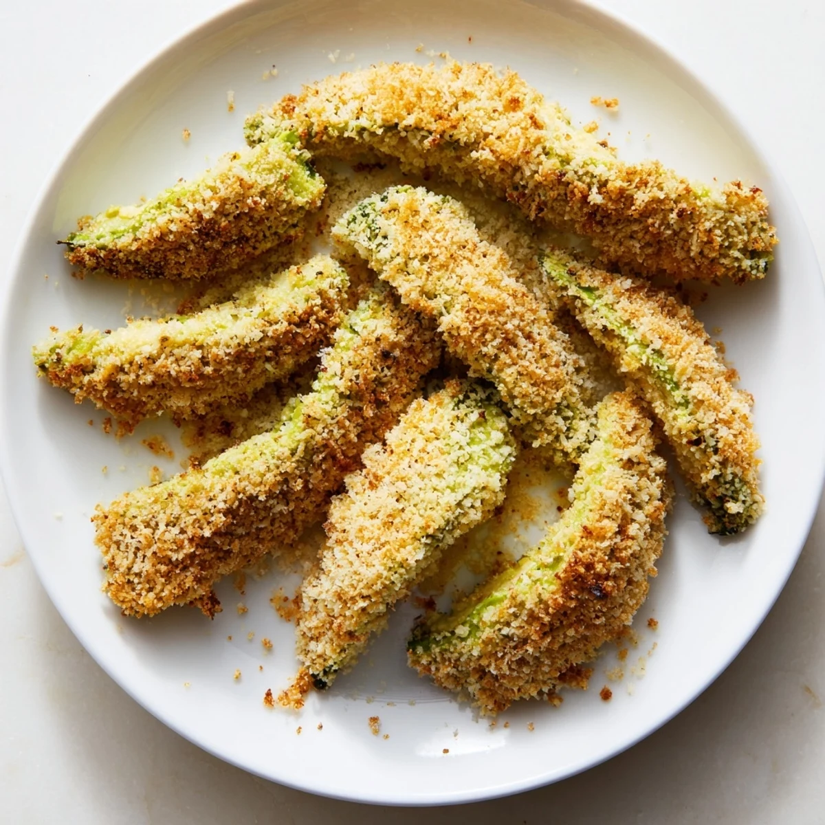 Hot, oven-baked avocado fries, ready to be enjoyed as a flavorful appetizer with lemon slices.