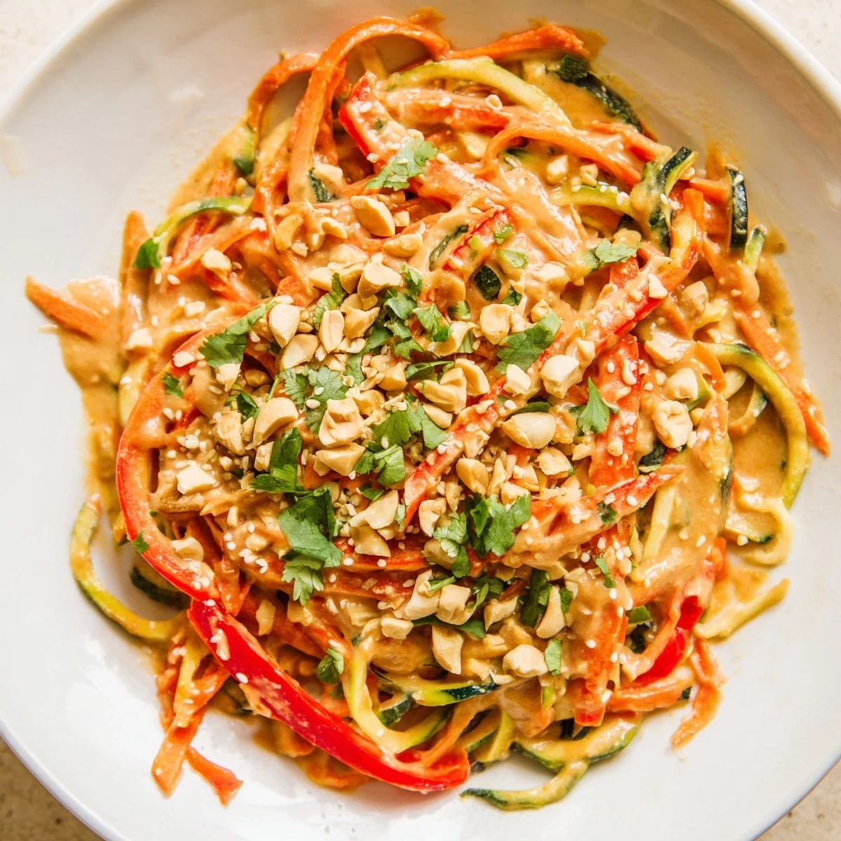 Vibrant Zesty Peanut Zucchini Noodles, a refreshing salad with colorful vegetables and a creamy peanut dressing.